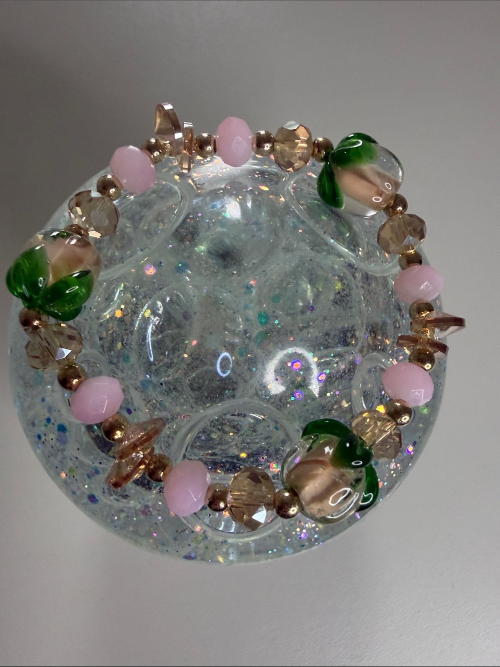 Handmade Pink & Green Glass Bead Bracelet